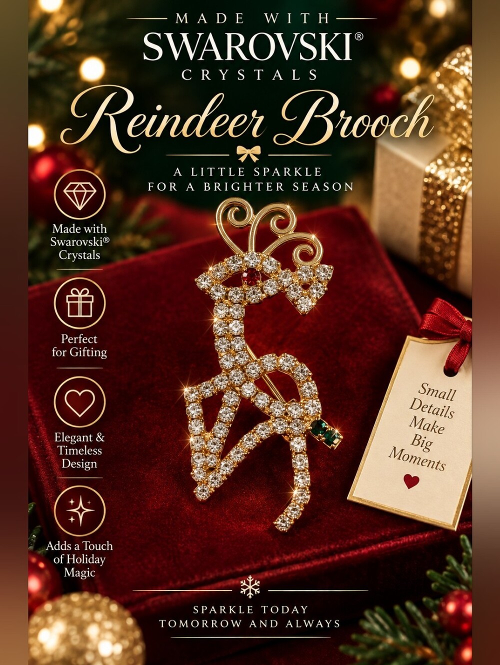 626 Gold Reindeer Brooch - Gold and Clear Holiday Pin